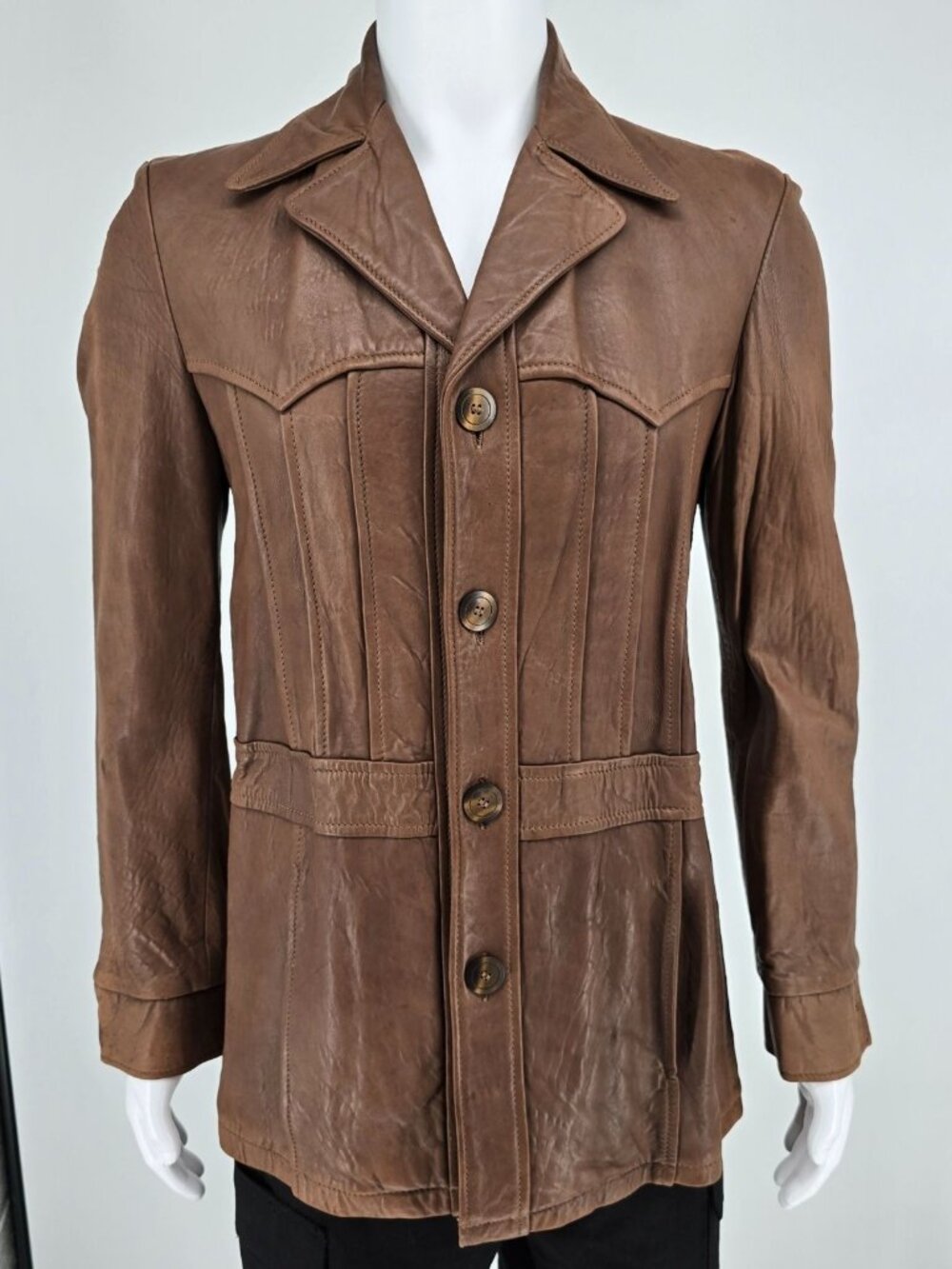 Vintage 1970s Jo-o-Kay Plaid Lining Brown Leather Western Panel Jacket (S)